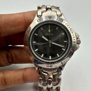 Prescott Watch Men Silver Tone Dark Gray Round 39MM Dial New Battery 7”